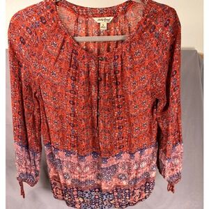 Lucky Brand Red Floral Print Peasant Blouse Long Sleeve Women's Size Small Boho